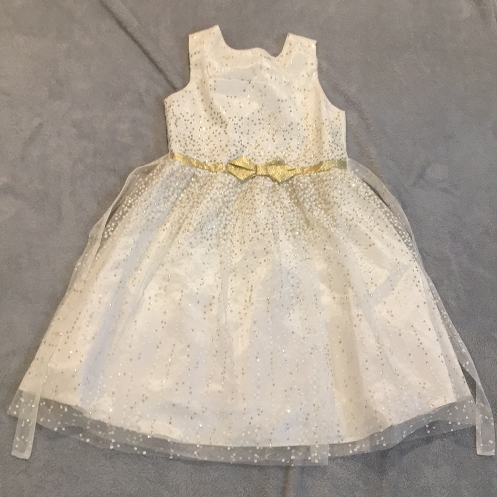 Gold/white sparkled girls party dress w gold bow